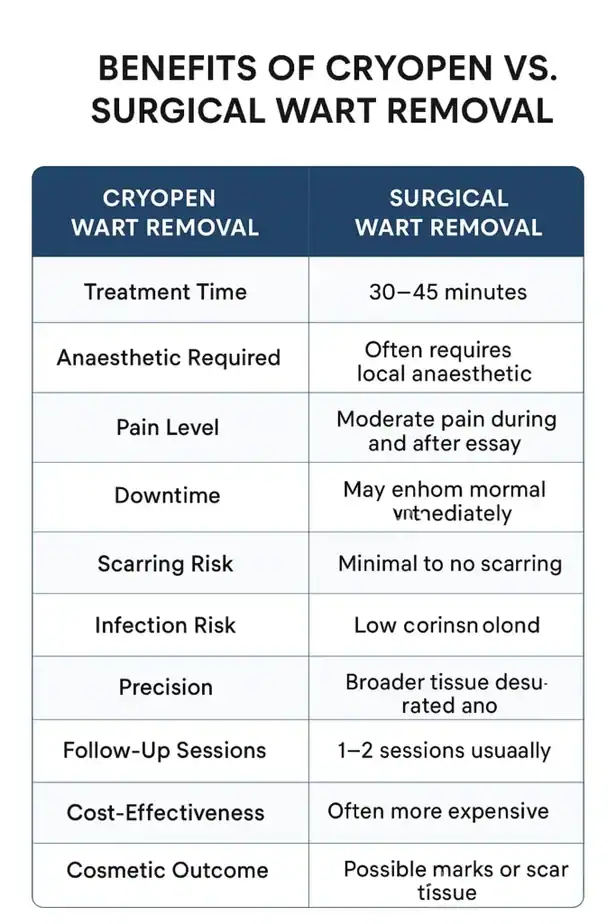 Table showing the benefits of cryopen to remove warts Hemel Hempstead compared to surgical treatment